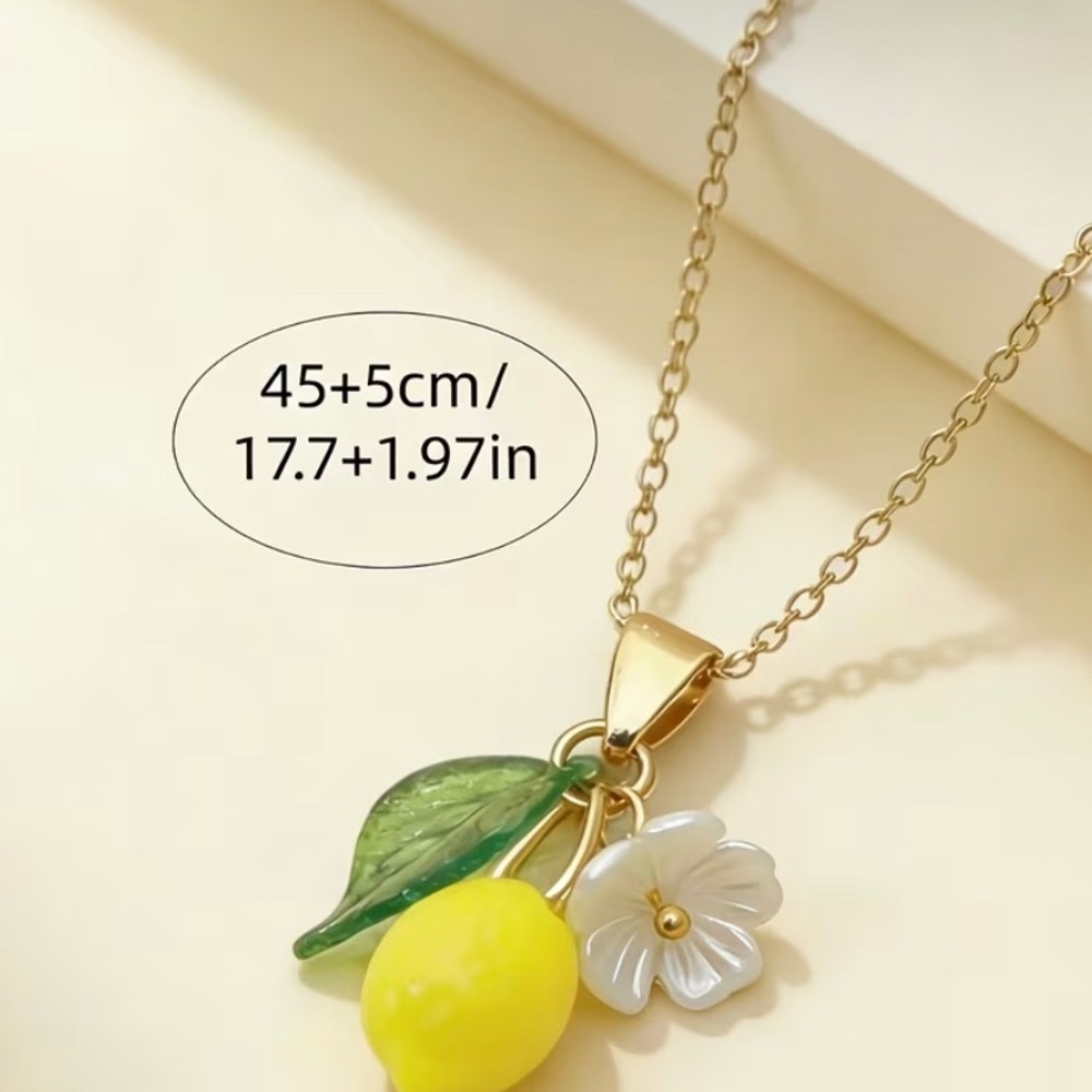 Gold-Tone Lemon Pendant Necklace with Green Leaf and White Flower - Picture 2 of 2